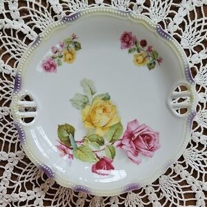 Antique PK Silesia 9" Lusterware Rose Serving Dish Cutout Handles